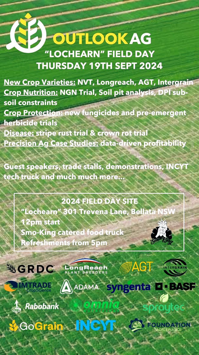 All welcome to Outlook Ag “Lochearn” Field Day this Thursday 19th September, 12pm #wintercrop2024 #cropnutrition #grdcngn #newcropvarieties #cropprotection #rusttrials #precisionag