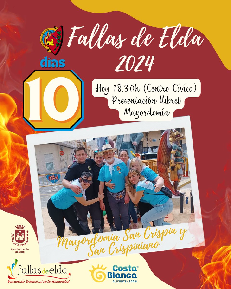 📖 ¡10 días para las Fallas! 📖

HOY 18.30h Centro Cívico presentación llibret Mayordomía.

#JuntaCentralFallasElda #FallasElda #EldaenFallas #elda #madeinelda #JuntsMolemMés #FallesUNESCO #SomPatrimoni #fallas #fiestadelfuego #alicante #valencia #comunidadvalenciana #fallascv