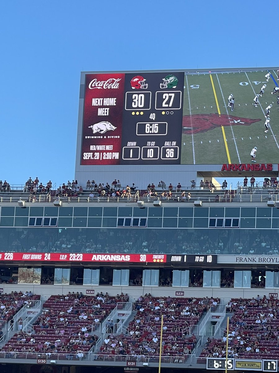 TheJonJuan's tweet photo. I got to say that this was a little disappointing. This is the student section at Reynolds Stadium with  6:15 left in Q4 with Arkansas up by 3 at today’s game. 

Why?

#WPS #Arkansas #Razorbacks https://t.co/UdX5jKEDYz