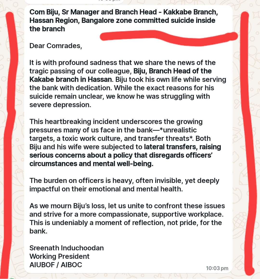 Respected <a href="/nsitharamanoffc/">Nirmala Sitharaman Office</a>
<a href="/abpanandatv/">ABP Ananda</a>
Did  educated youth make any mistake by joining bank ? Frequent cases of intimidation,humiliation,threatening,use of abusive languages in Workplace from inside &amp; outside have become the order of the day. 
#BankerSafety
#Bankerprotectionact