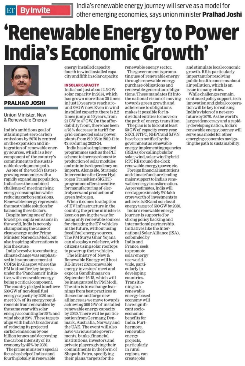JoshiPralhad's tweet photo. India is not only championing the cause of clean energy under PM @NarendraModi, but also inspiring other nations to join the cause.

I write on how the Renewable Energy sector is set to unleash transformational changes in India's Economy in our journey towards 500 GW. 
@EconomicTimes