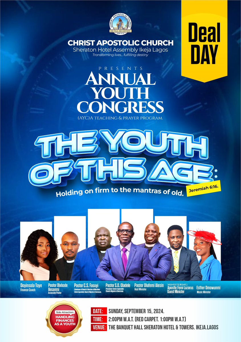 cacsheraton's tweet photo. TODAY IS THE DEAL DAY.

Plan to attend this great annual Youth Congress. 

https://t.co/I5dbx3C7hh

Let them register through 👆this link. It is is just for logistics alone.

#cacsheratonhotellagos 
#transforminglivesfulfillingdestiny 
#2024annualyouthcongress https://t.co/ZTMDd8GVtd