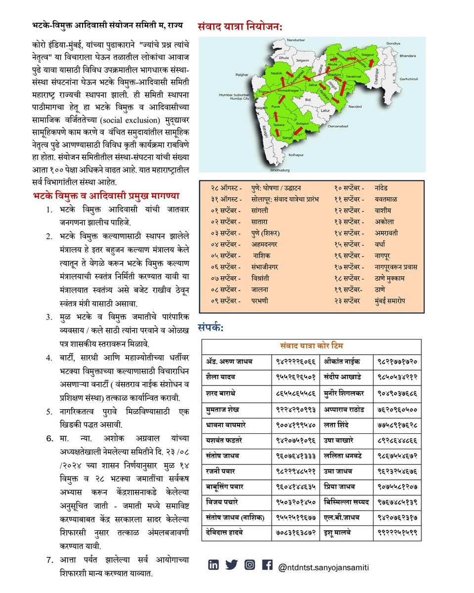 राज्यातील भटके-विमुक्त समाजातील नागरीकांनी आपल्या न्याय्य मागण्यांसाठी  'संवाद यात्रा' काढली आहे. ही यात्रा दि. २३ सप्टेंबर रोजी मुंबईत पोहोचेल. मुख्यमंत्री महोदयांनी कृपया या समाजाची दखल घेऊन त्यांच्या मागण्यांना न्याय द्यावा. <a href="/CMOMaharashtra/">CMO Maharashtra</a>