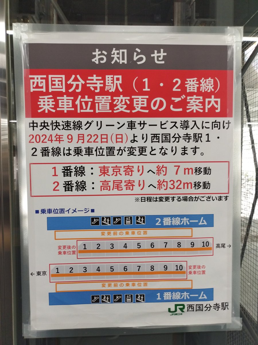 取材に来ました。西国分寺も22日に乗車位置変更なのね。