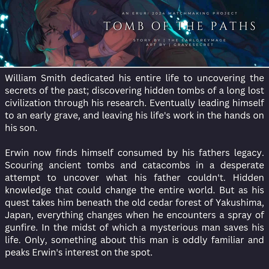 #EruriMatchmaking2024 was an absolute delight this year as I got to work with the remarkable <a href="/grave_secrets/">gravesecret</a> on a Tomb Raider-esque AU. 
Feat. Archeologist Erwin and Mercenary Levi 
Read it here on AO3 archiveofourown.org/works/58941688
And the Art ♥️ x.com/grave_secrets/…
#Eruri #エルリ