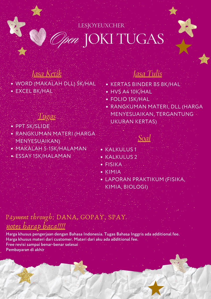 lesjoyeuxcher's tweet photo. open joki smp sma mulai tugas tulis ketik rangkuman makalah essay ppt, atau segala jenis tugas juga bisa full bahasa inggris!!! langsung wa yuk fastresp!  https://t.co/5AYt6kkMyJ #zonauang #jokitugaskuliah #jokitugas https://t.co/VJAXPgvh6U