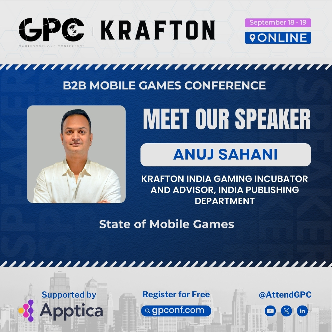 Meet the speakers of GPC Online, supported by <a href="/Apptica_com/">Apptica.com</a> 📢

🎙️ Anuj Sahani, Head of Krafton Incubator Program &amp; India Publishing Advisor, KRAFTON India 

With over 15 years of experience in games industry, Anuj has played key roles at Gameloft, EA, Glu Mobile &amp; Reliance Games.