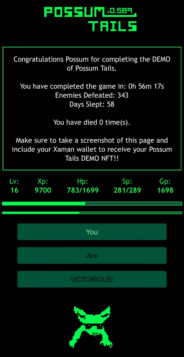 xrppossum's tweet photo. Have you tried our demo for Possum Tails yet ?!? 

It’s FREE for everyone… 

But to receive you NFT after completing, you will need  @XamanWallet 

PLAY NOW 🕹️
👉🏻https://t.co/FziHpq9aKh

#XRPLife #XRPLedger #XRPLCommunity $XRP #RPGツクール #PossumTails https://t.co/053M0li69W