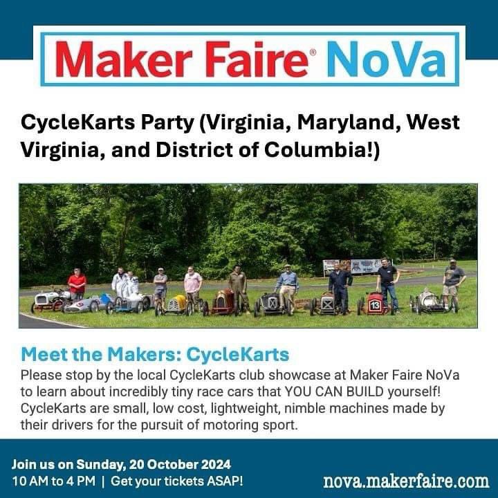 _homemaker's tweet image. 🏎️ 🏁CycleKarts showcase at Maker Faire NoVa to learn about incredibly tiny race cars that YOU CAN BUILD yourself! Small, low cost, lightweight, nimble machines made for pursuit of motor sport. Sun, 20 Oct: 10 AM-4 PM Alexandria City High School, tickets: nova.makerfaire.com/tickets/