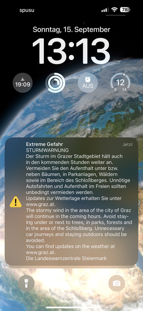 Warnung über #CellBroadcasting (#AtAlert) soeben auch in der #Steiermark erstmals aktiviert!

Kann das <a href="/BMI_OE/">BMI</a> das unsägliche #KatWarn bitte abdrehen?

#Graz #AustriaFlood #Sturm