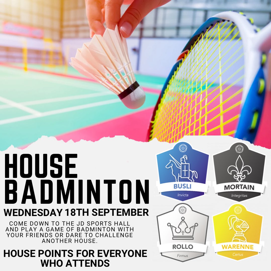 Come down to the JD Sports Hall this Wednesday lunchtime (18th September) and play some badminton for this House Wednesday Activity. 
Which House will be top of the leader board this week? ⚪️🔵⚫️🟡
#housewednesday