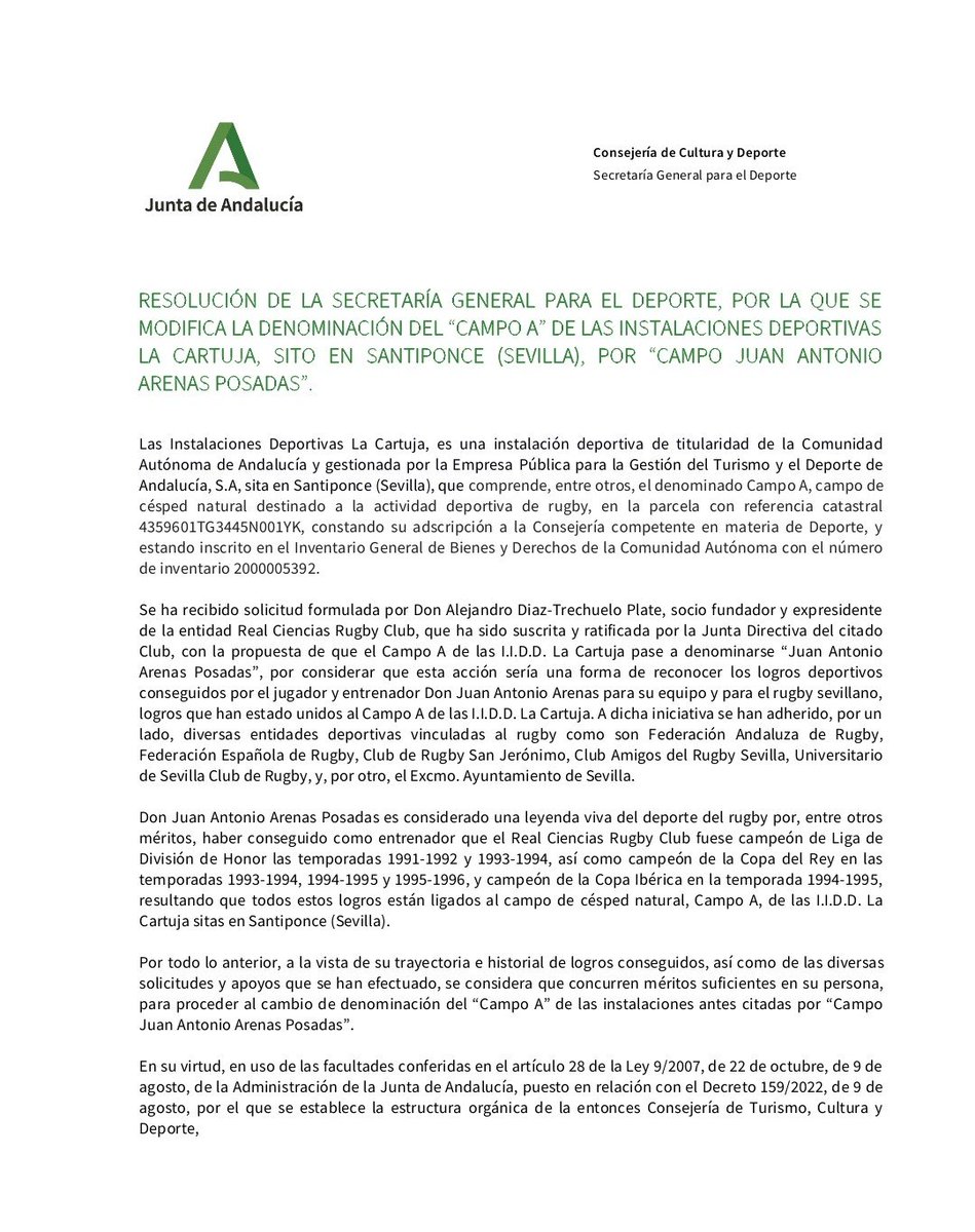 Hoy nos despertamos con una noticia que nos alegra el corazón. 
El Campo de la Cartuja pasa a llamarse:
"CAMPO JUAN ANTONIO ARENAS"

Enhorabuena al creador de aquella locura rugbística, más que merecido reconocimiento, desde hoy serás eterno...