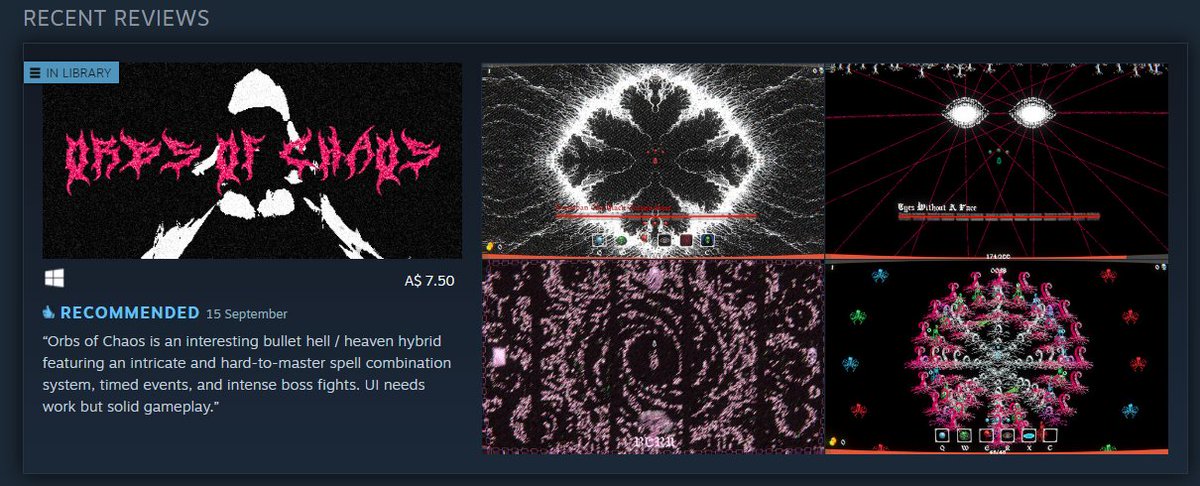 Orbs of Chaos by <a href="/noisecoredev/">Orbs of Chaos - Play Now!</a> is an unusual game with an innovative spell combination system that vaguely reminds me of Jewel Master on Sega. UI &amp; controls need a little work but it's only just released in EA. Game itself is solid. Interesting bullet hell/heaven hybrid.