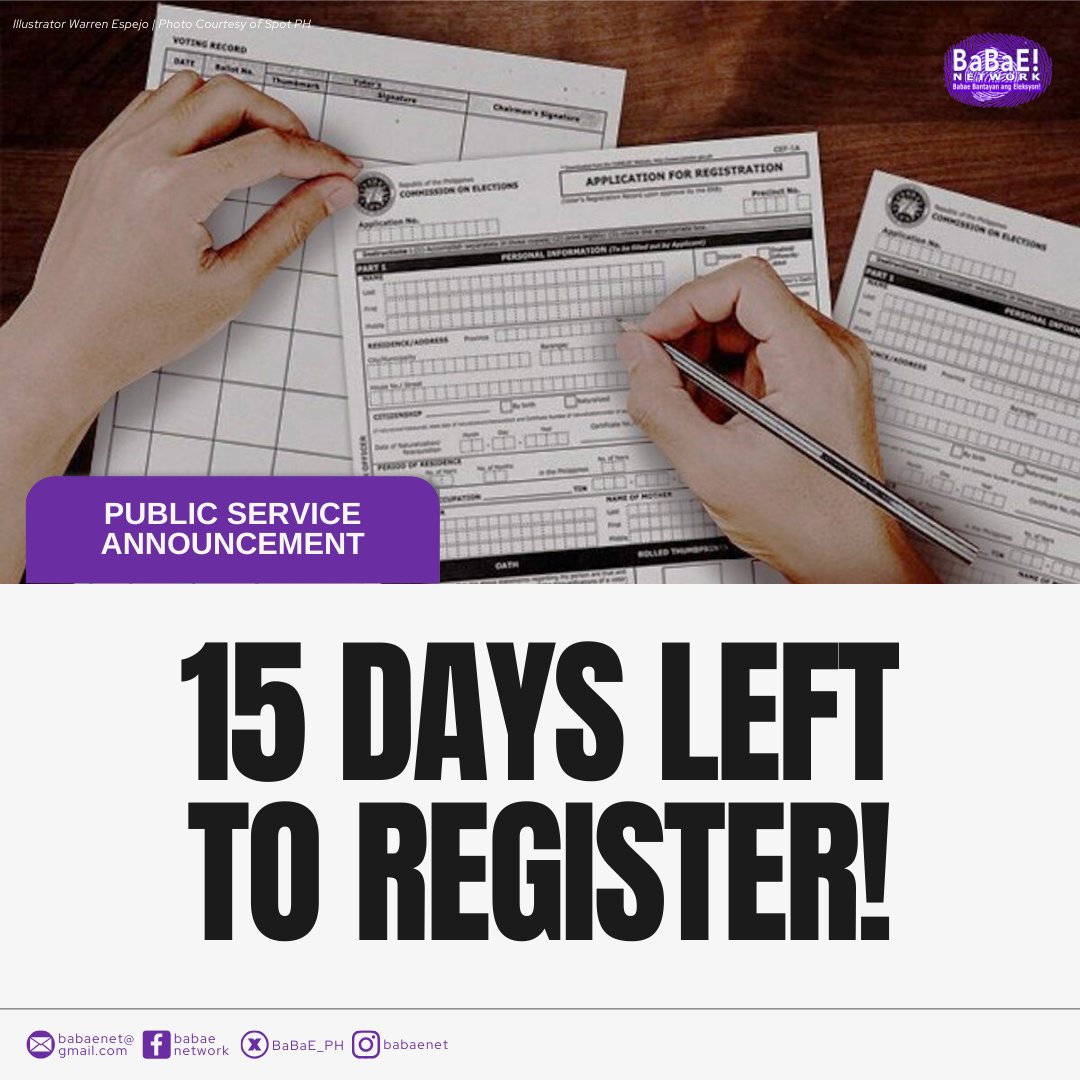 BaBaE_PH's tweet photo. Only 15 Days Left to #RegisterToVote
Exercise your right to vote! #RegisterNow #VoterRegistration #VotePH #Halalan2025 #YourVoteMatters https://t.co/Fyo5Pb0dyA