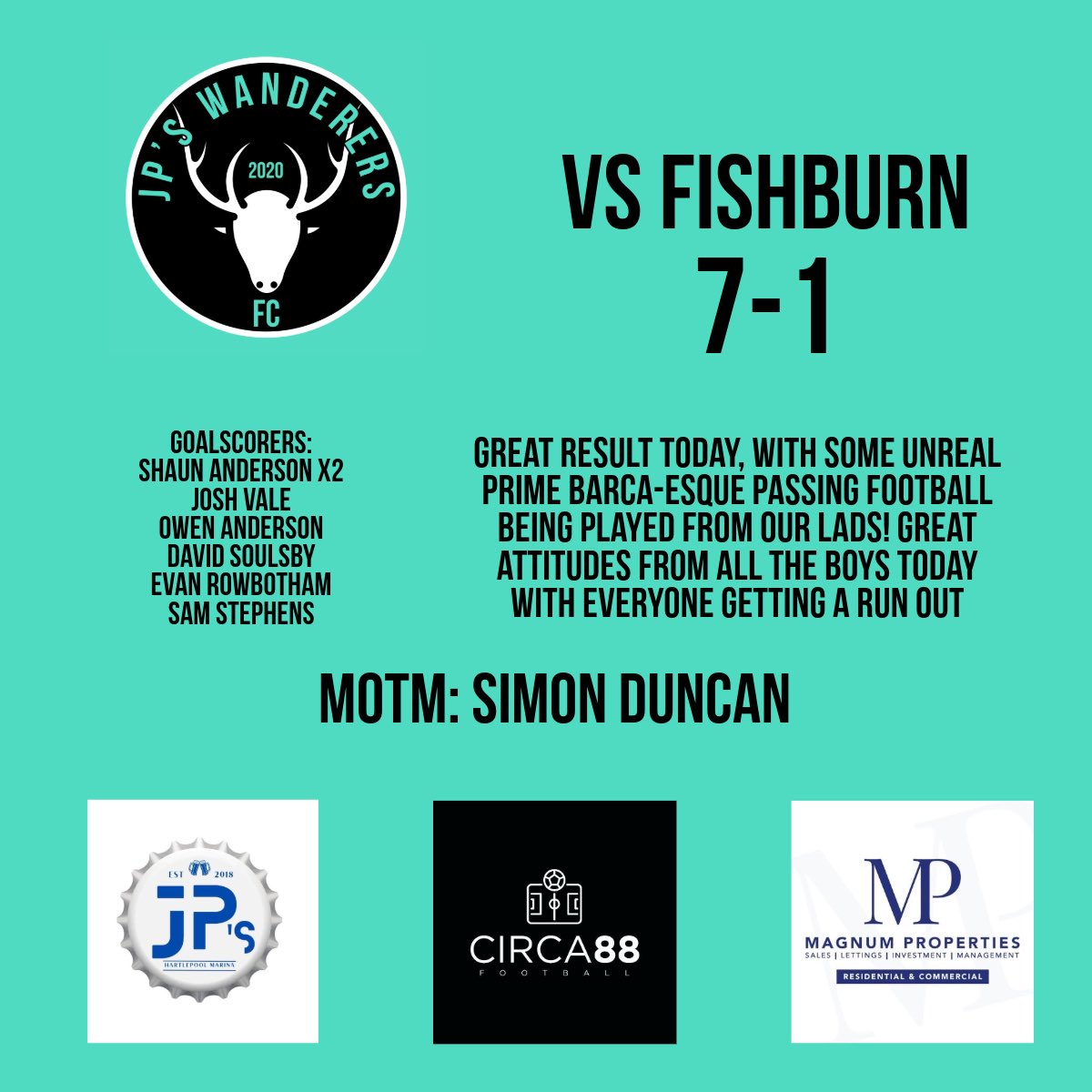 JP’s Wanderers FC (@jpswanderersfc) on Twitter photo Good fun game against a great bunch of lads at Fishburn!
<a href="/SiDunc4/">Simon Duncan</a> with back to back MOTM
Sponsored by: <a href="/JPsBar29/">JP’s Bar</a> @circa88football & <a href="/MagnumPropsTS1/">Magnum Properties</a>
#UTFJPs Good fun game against a great bunch of lads at Fishburn!
<a href="/SiDunc4/">Simon Duncan</a> with back to back MOTM
Sponsored by: <a href="/JPsBar29/">JP’s Bar</a> @circa88football & <a href="/MagnumPropsTS1/">Magnum Properties</a>
#UTFJPs