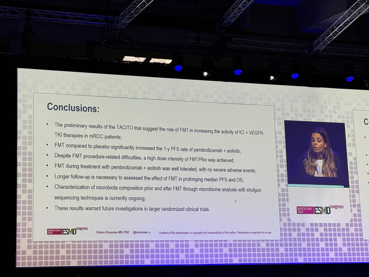 Hedyeh Ebrahimi (@ebrahimihedyeh) on Twitter photo Day 3 of #ESMO24 and a stellar presentation by <a href="/ciccarese_c/">Chiara Ciccarese</a> on the preliminary results of the TACITO trial, exploring fecal microbiota transplantation (#FMT) in #mRCC.
FMT + pembrolizumab + axitinib showed a significant increase in 1-year PFS vs. placebo, highlighting the Day 3 of #ESMO24 and a stellar presentation by <a href="/ciccarese_c/">Chiara Ciccarese</a> on the preliminary results of the TACITO trial, exploring fecal microbiota transplantation (#FMT) in #mRCC.
FMT + pembrolizumab + axitinib showed a significant increase in 1-year PFS vs. placebo, highlighting the