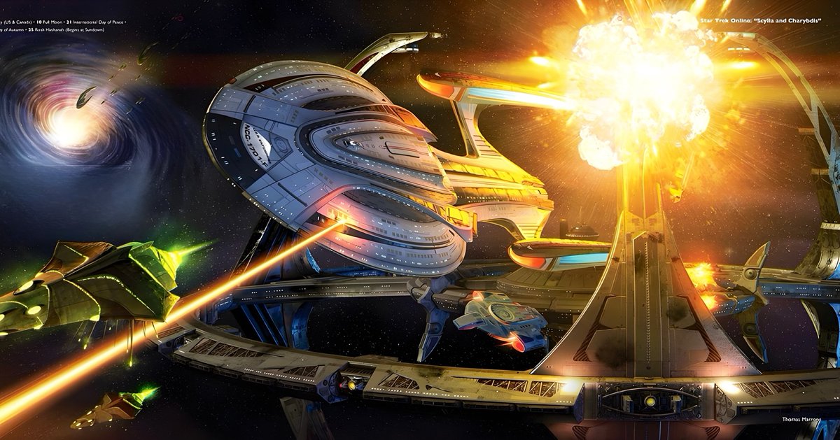 startrek_ships's tweet image. #OdysseyClass September (Ship of the Line Calendar): Scylla and Charybdis, by Thomas Marrone - Featuring STO’s USS Enterprise-F at Deep Space 9, the piece is based on a STO mission about a battle with the Hur’q. dlvr.it/TDFm5M