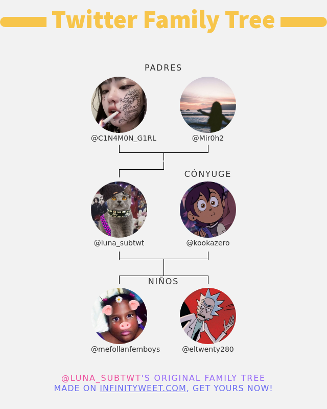 👨‍👩‍👧‍👦 Mi Familia de Twitter:
👫 Padres: <a href="/C1N4M0N_G1RL/">cinnamon ✩</a> <a href="/Mir0h2/">𝐃𝐚𝐥 𑁤</a>
👰 Cónyuge: <a href="/kookazero/">( ᶻ 𝘇 𐰁 kokita de lata ! 💭</a>
👶 Niños: @mefollanfemboys <a href="/eltwenty280/">twenty</a>

➡️ infinityweet.me/family-tree?la…