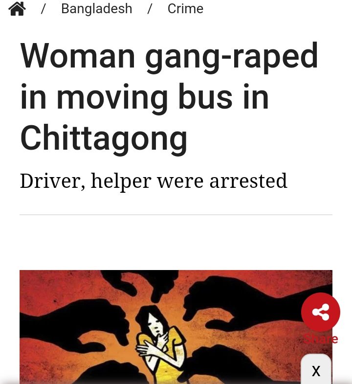 k36077's tweet photo. A woman was gang-raped in a moving bus on Friday at Karnaphuli’s Moijjartek area in Chittagong. 
The victim's husband filed a case in this regard. 
Police arrested bus driver Azad Khan, 23, and his assistant Shahedul Islam, 19, after the case.

#BangladeshCrisis #savewoman https://t.co/yiqVUCMmWq