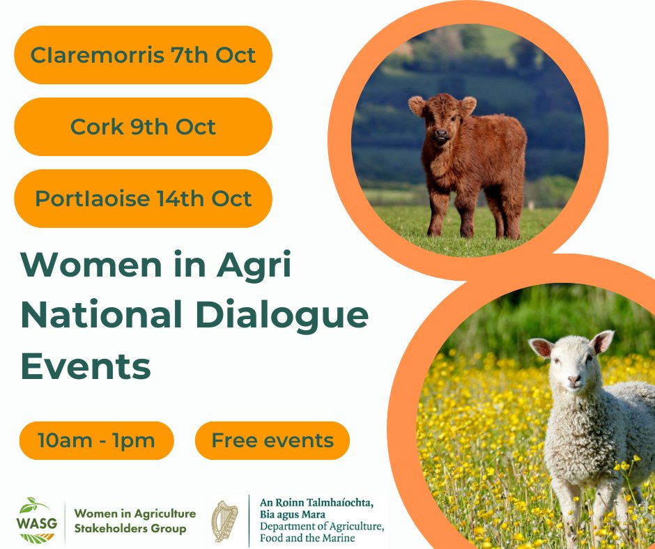 Join us for the National Dialogue events for Women in Agriculture, in partnership with the Dept. of Agriculture! Network, share experiences, and make connections.

Free to attend — more info &amp; sign up here: eventbrite.com/cc/women-in-ag…

#WomenInAg #Agriculture #Ireland