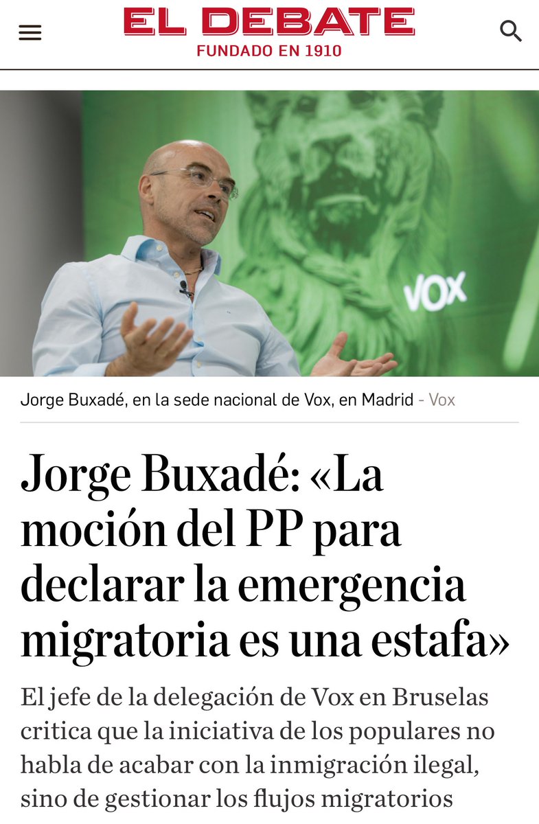 📰 <a href="/Jorgebuxade/">Jorge Buxadé</a> habla en <a href="/eldebate_com/">El Debate</a> sobre la moción del PP para declarar la emergencia migratoria ⬇️

"No hay ni una sola medida que vaya realmente dirigida a impedir la entrada masiva de inmigrantes ilegales y asegurar su inmediata expulsión". 

Y <a href="/Santi_ABASCAL/">Santiago Abascal 🇪🇸</a> ya lo