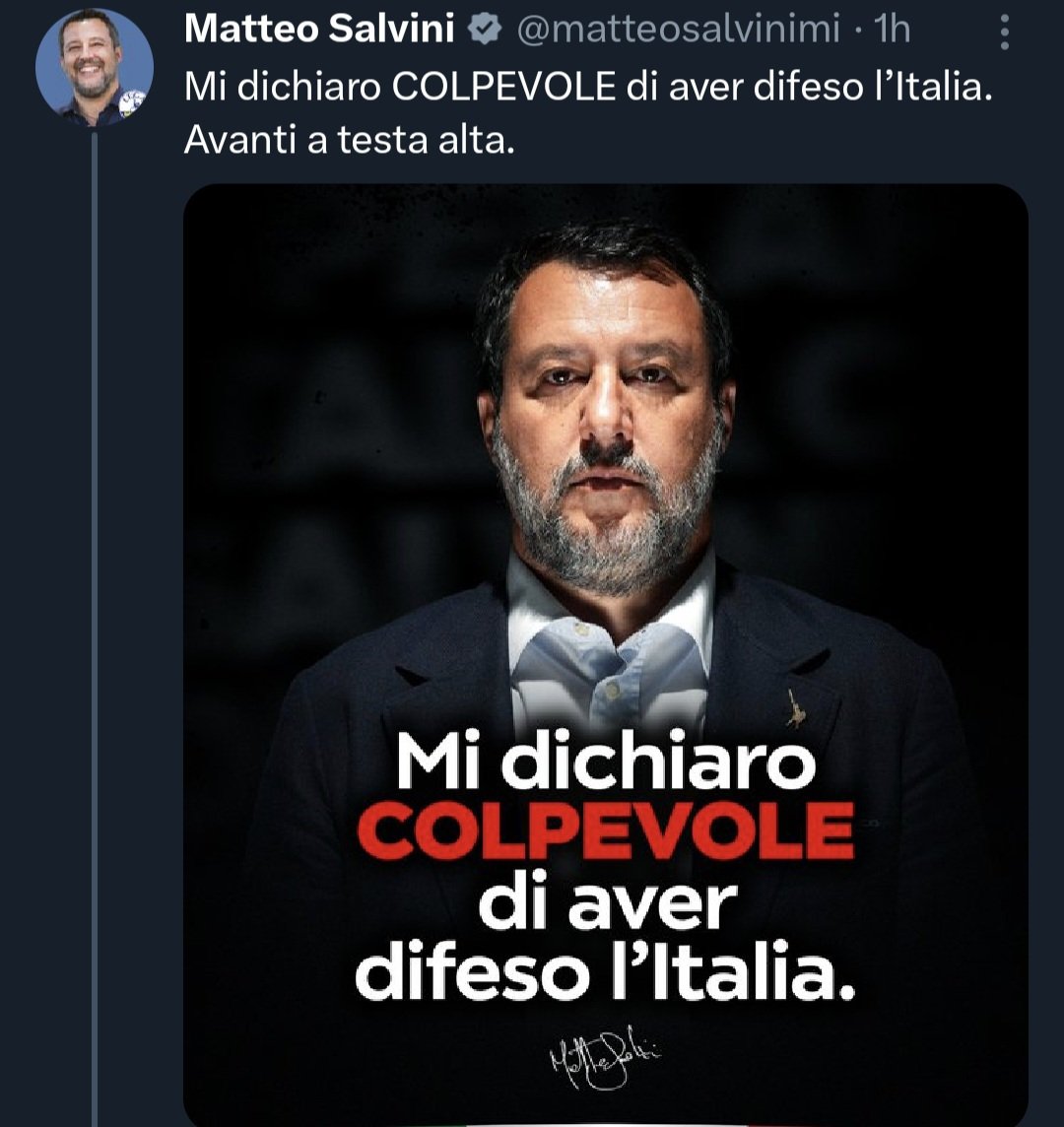 Poche cose ho visto in vita mia così ridicole, sbagliate e populiste come questo video messaggio dell'ex capitan fracassa. 
Suoi colleghi di governo, Meloni e Tajani, dovrebbero chiudersi in una stanza e riflettere, non difendere pubblicamente un reato.
Quando dicevo che il
