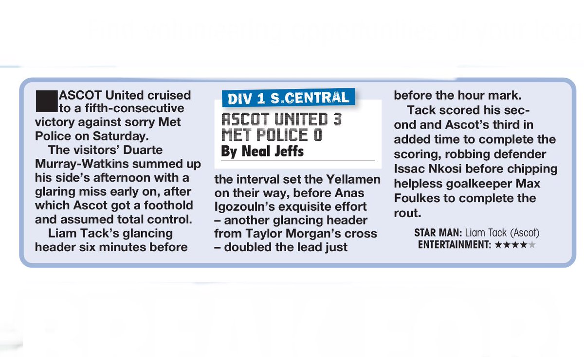 David Burton ⭐️⭐️ (@davidburton1971) on Twitter photo A cracking write up in todays <a href="/NonLeaguePaper/">The Non-League Paper</a> 🙌
5️⃣ wins-in-a-row now for <a href="/jamietompkins4/">JT</a> lads and <a href="/AscotUnitedFC/">Ascot United FC</a>
Takes time to re-build and go again but, say it quietly, these lads are looking a little bit special🤫
Come down to the #Racecourse Tuesday and see for yourself 👀 A cracking write up in todays <a href="/NonLeaguePaper/">The Non-League Paper</a> 🙌
5️⃣ wins-in-a-row now for <a href="/jamietompkins4/">JT</a> lads and <a href="/AscotUnitedFC/">Ascot United FC</a>
Takes time to re-build and go again but, say it quietly, these lads are looking a little bit special🤫
Come down to the #Racecourse Tuesday and see for yourself 👀