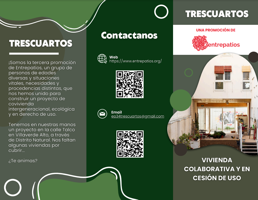 EntrepatiosCoop's tweet photo. Somos la Trescuartos, promoción de Entrepatios que nos hemos unido para hacer un proyecto de covivienda intergeneracional, ecológica y en derecho de uso. Tenemos la posibilidad de construir un proyecto en C/Talco, Villaverde, ¿te animas? https://t.co/3SvLlyWzas