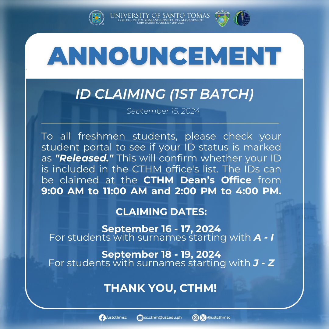 USTCTHMSC's tweet photo. 📣 | RE: ID CLAIMING (1ST BATCH)

To all freshmen students, please check your student portal to see if your ID status is marked as "Released." This will confirm whether your ID is included in the CTHM office's list. https://t.co/W24SnKrDSo