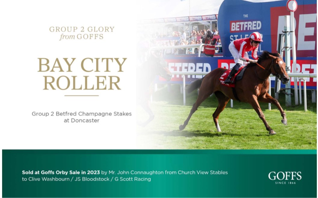 🏆 Group 2 glory from Goffs 

Bay City Roller won the Group 2 Betfred Champagne Stakes 

Sold at Goffs Orby Sale in 2023 by Mr. John Connaughton from Church View Stables to Clive Washbourn / JS Bloodstock / G Scott Racing
