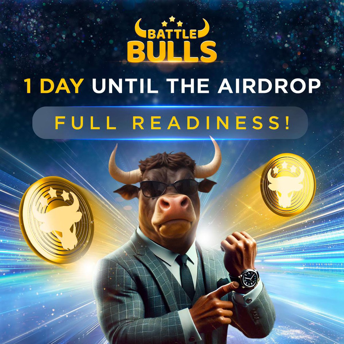 Battle__Games's tweet photo. 🚀 1 DAY UNTIL THE AIRDROP — FULL READINESS!

🟧Founders, today your MAIN TASK is to get  AS MUCH in-game currency as possible and bring your earn-per-hour balance to the HIGHEST level! The number of PLAYERS has already hit the 4,000,000 mark! And more than 3,000,000 are building their blockchain business EVERY DAY in anticipation of the AIRDROP🔥

💰 Show some extraordinary enthusiasm NOW to get the MAXIMUM of BULL tokens at the AIRDROP as early as TOMORROW!

🟧We remind you that you can GET your BULL tokens AT ANY TIME, as THE AIRDROP IS NOT TIME-LIMITED!

To participate in the airdrop, you MUST fulfil three simple conditions:

✅ accumulate a minimum of 10,000 in-game euros on the Earn per hour balance;
✅ complete all tasks in the Earn section;
✅ download SMART WALLET and create a wallet there — that's where you will be getting your BULL tokens!

🔥 Founders, we know for sure that on this important day each of you will not only receive vibrant emotions, but also MAXIMUM benefits! Good luck!

➡️PLAY NOW https://t.co/lqOn3Ui3pu

#battle_games #battlebulls #crypto #clicker #game #p2e #bulls #btc #play2earn