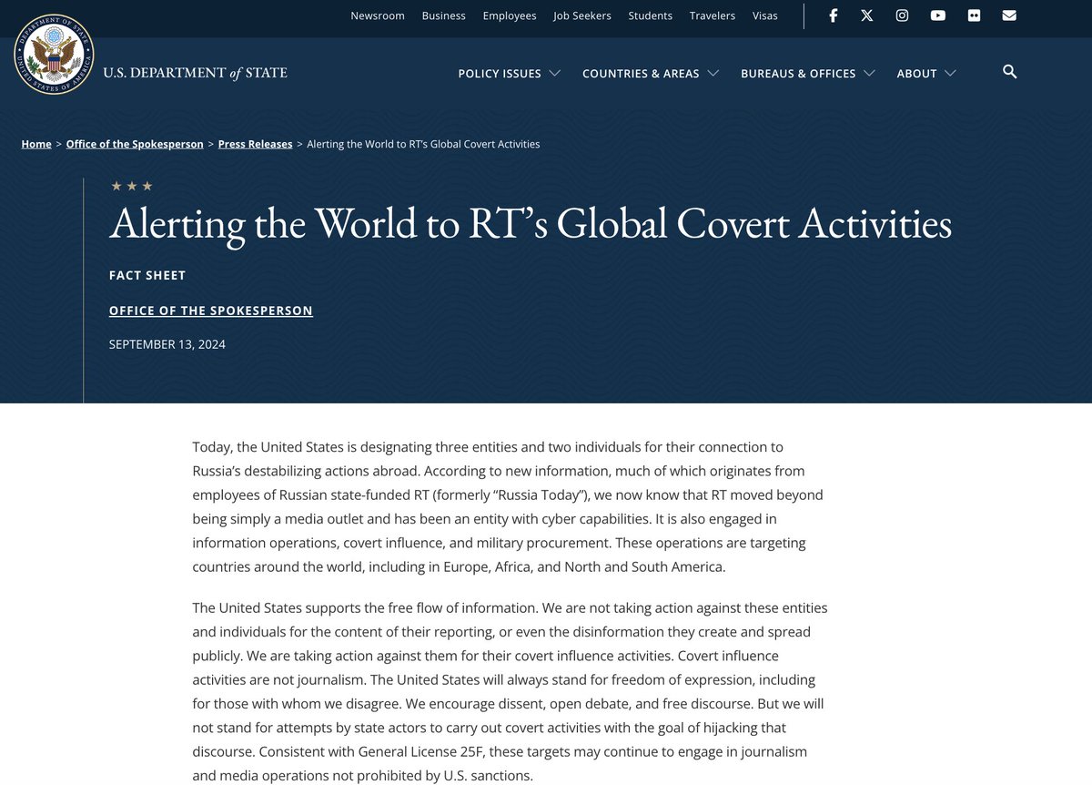URGENT : Le Département d’État des États-Unis lance une #alerte #mondiale sur les activités secrètes de la chaîne d’État russe #RT. Le #Kremlin dénonce une « déclaration de guerre de l’information ». ⬇️ Un Thread 1/20 ⬇️