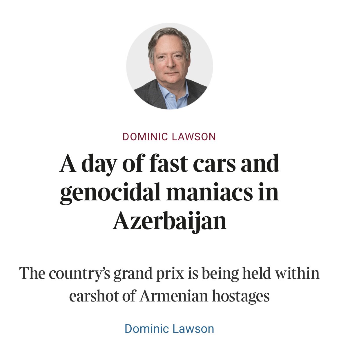 Free Armenian Hostages (@freearmhostages) on Twitter photo The Sunday Times <a href="/thetimes/">The Times and The Sunday Times</a> calls Azerbaijan to #stopsportswashing with <a href="/F1/">Formula 1</a>: "Should you be one of those watching the fuel-fest known as the Formula 1 grand prix taking place in Baku today, consider this: within half a mile of the drivers hurtling around the streets of The Sunday Times <a href="/thetimes/">The Times and The Sunday Times</a> calls Azerbaijan to #stopsportswashing with <a href="/F1/">Formula 1</a>: "Should you be one of those watching the fuel-fest known as the Formula 1 grand prix taking place in Baku today, consider this: within half a mile of the drivers hurtling around the streets of