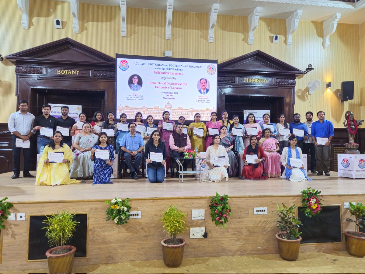 Department of Physics walks away with the lion's share in Boost award ceremony of the University of Lucknow. Congratulations to faculty members and research scholars of the department. 
Keep fire burning! <a href="/profalokkumar/">Professor Alok Kumar Rai</a> <a href="/lkouniv/">University of Lucknow</a> <a href="/ippr_lkouniv/">IPPR, University of Lucknow</a> <a href="/dswlkouniv/">Dean Students’ Welfare, UoL</a> <a href="/anandibenpatel/">Anandiben Patel</a>