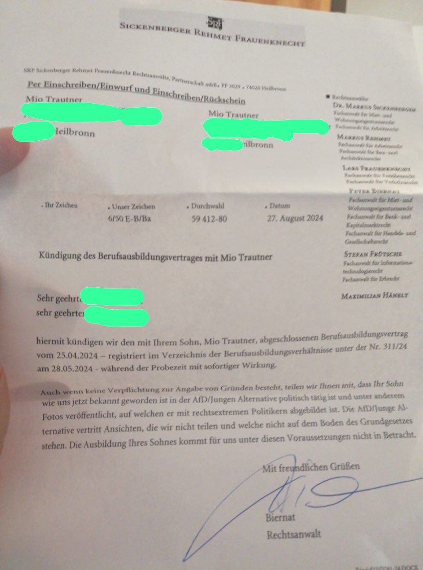 Wie kann es sein, dass man in einem demokratischen Staat aufgrund seiner Parteimitgliedschaft gekündigt wird? Wir leben mittlerweile in keiner funktionierenden Demokratie mehr. Sollen sie doch einen von den Hunderttausenden Fachkräften aus dem Ausland ausbilden! #afd #Fachkräfte