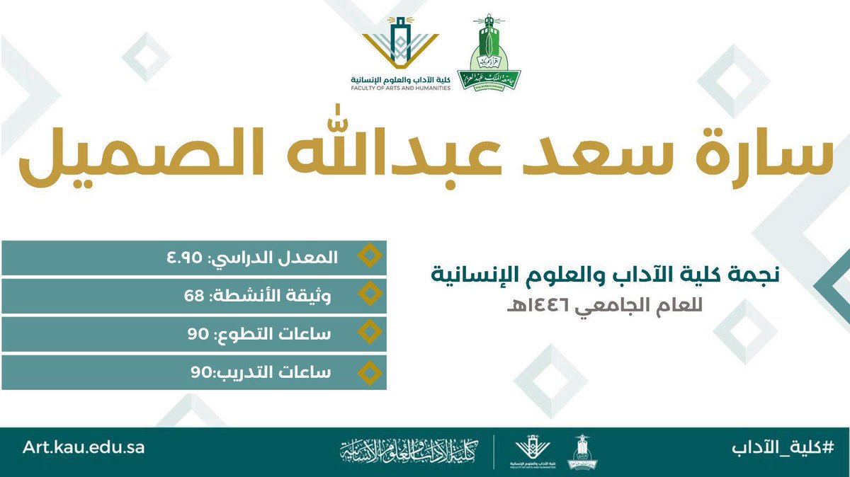 يبارك قسم اللغة العربية وآدابها للطالبة سارة الصميل فوزها بلقب نجمة #كلية_الآداب والعلوم الإنسانية للعام الجامعي 1446هـ. مع خالص الأمنيات لها ولكل طلاب وطالبات القسم بالتوفيق والتميز والنجاح المستمر. 🏆🥇