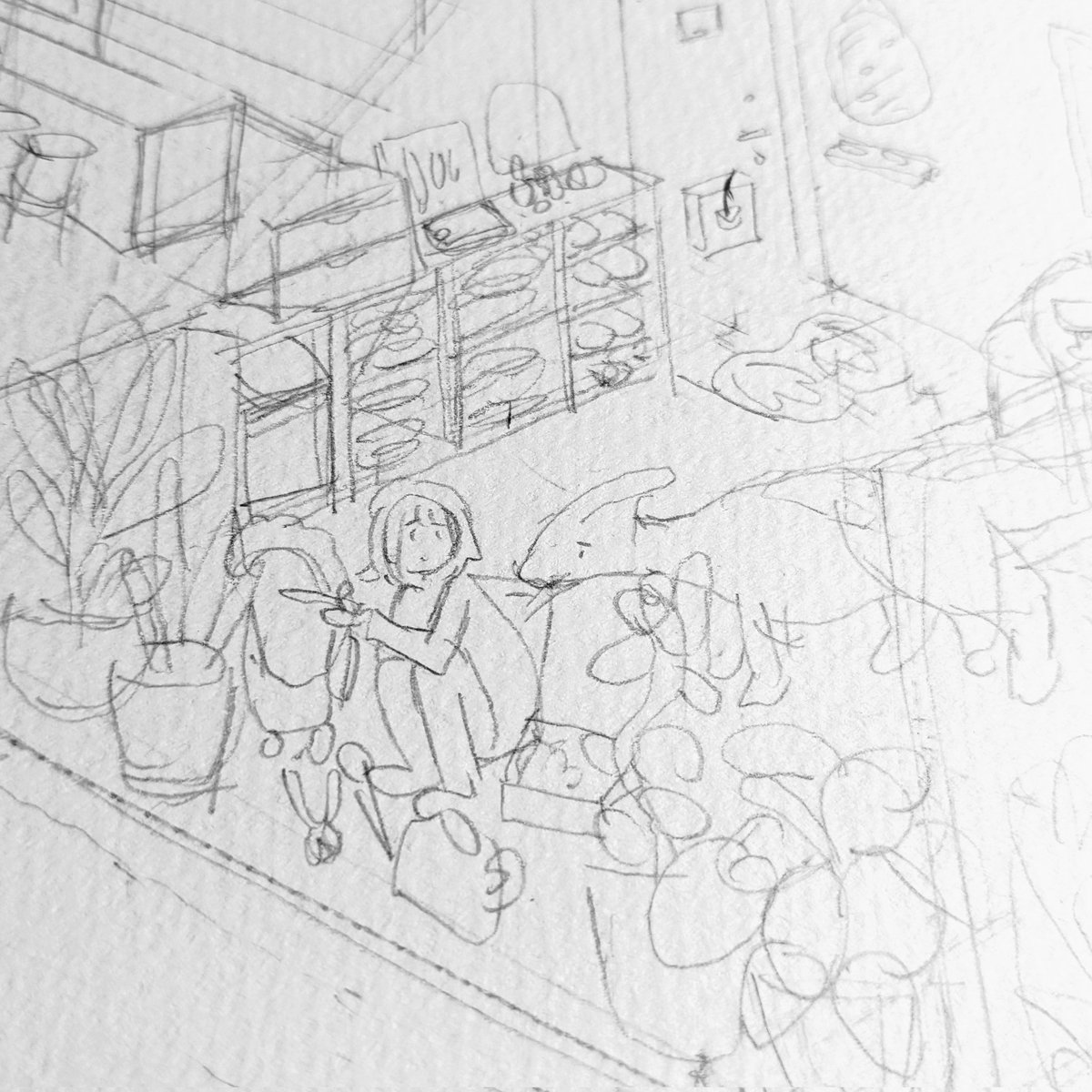 パラサウロロフスとこの子の生活の下書き出来ました✏️ヒーッ腕痛い〜😭 