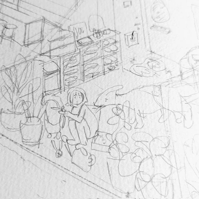 パラサウロロフスとこの子の生活の下書き出来ました✏️ヒーッ腕痛い〜😭 