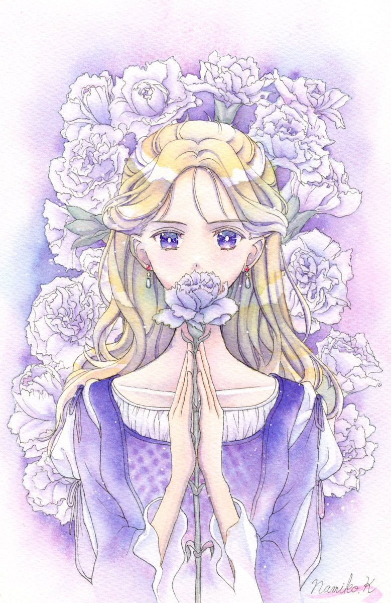 Namiko_Kosaka's tweet photo. カーネーションの国の姫。
正面顔の復習もかねて。
おもに呉竹の「顔彩耽美 グラニュレーティングカラーズ」を使って塗りました🖌️
#水彩 #水彩イラスト #watercor https://t.co/3j8ipJHn4o