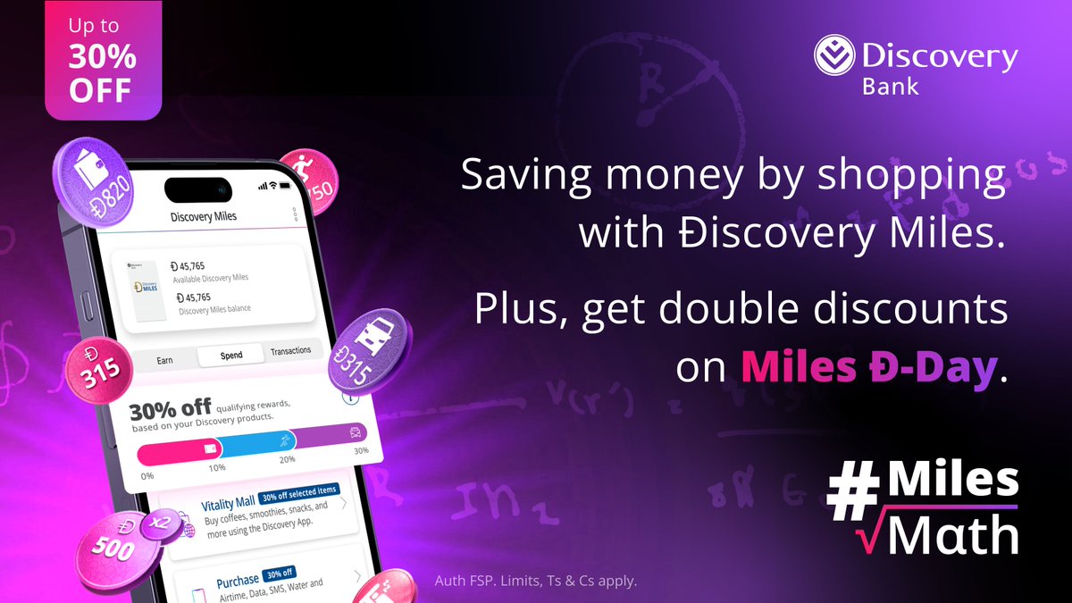 Discovery_SA's tweet photo. On Miles Đ-Day, you can double your discount- up to 30% off when you spend your Điscovery Miles (Đ).
So, you're basically saving money just by shopping on the 15th! 🛍️ #MilesMath
Share how Miles Đ-Day saves you money using #DiscoveryBestBank, to stand a chance to win 1,000 Điscovery Miles!
Ts&Cs apply.