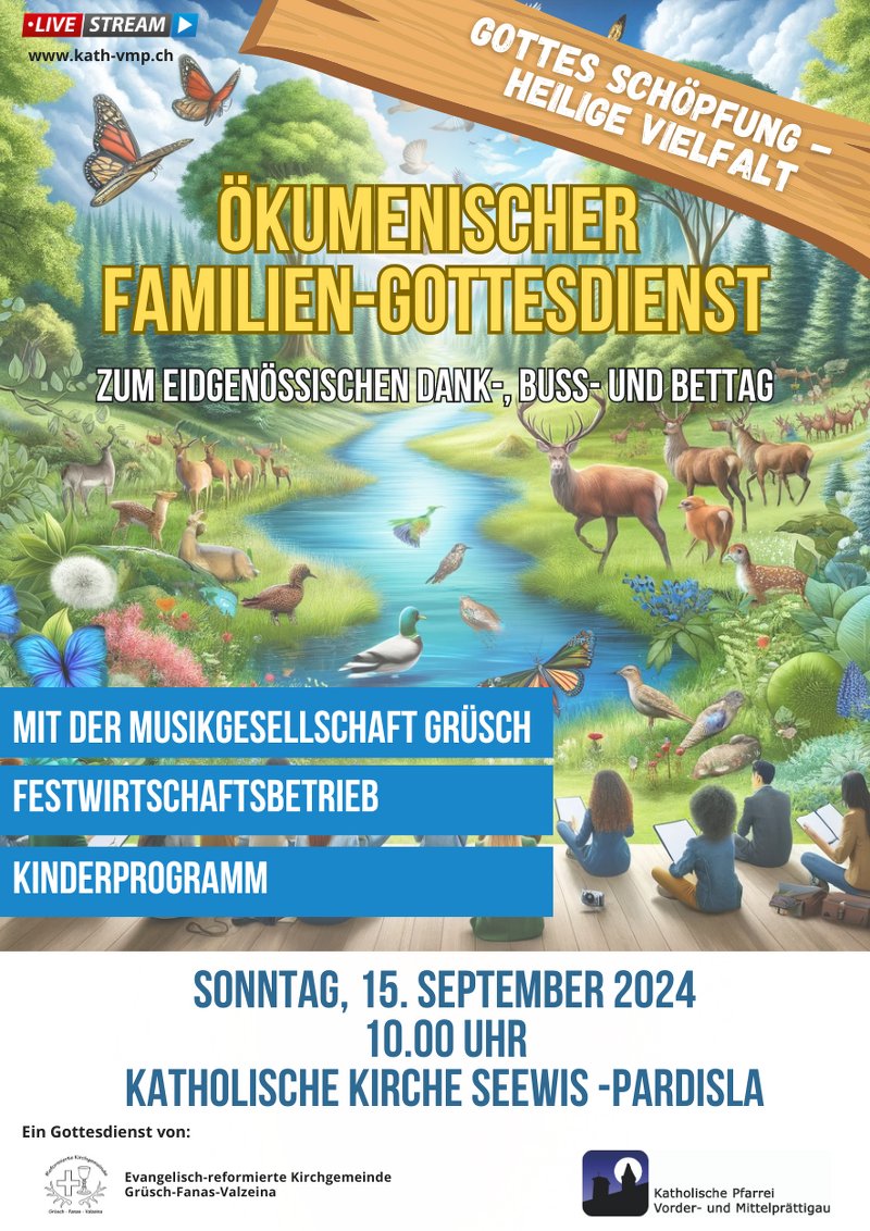 kath_vmp's tweet photo. Ökum. Gottesdienst Dank-, Buss- und Bettag
Sonntag, 15. September 2024, 10.00 Uhr, kath. Kirche Seewis-Pardisla

Wir freuen uns, dass wir auch in diesem Jahr einen ökumenischen Familiengottesdienst zum Dank-, Buss- und Bettag feiern können.
https://t.co/alTfuJWrSa https://t.co/AswK00T2LO