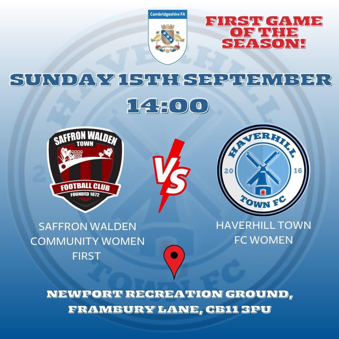 FIRST GAME OF THE SEASON! ⚽💙

📅 Sunday 15th September 
🆚 <a href="/swpsgfc/">Saffron Walden Community Girls FC</a>  
🕑 14:00 Kick Off
📍 Newport Recreation Ground, CB11 3PU

Good luck ladies, let’s get this season off to a cracking start 👏⚽

#womensfootball #womeninfootball #womensupportingwomen #womensfootballteam