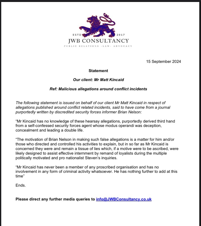 JwbConsultancy's tweet photo. Statement on behalf of our client Mr Matt Kincaid in relation to false and contrived allegations in respect of the killing of Jack Kielty. https://t.co/mlt8jNykjR