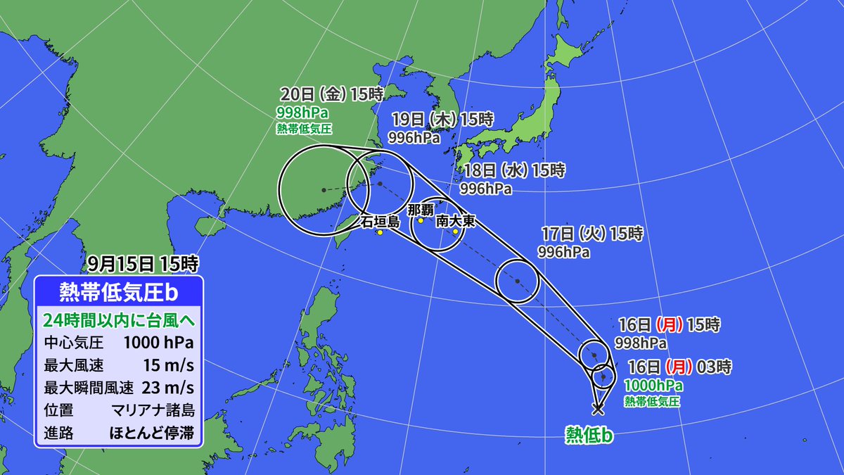 なんとまたですか…
24時間以内に台風発生見込み　

台風13号に引き続き
南西諸島ルートになりそうです
まだ進路＆強さにはブレがありますが
来週にかけても台風情報に注意⚠️

#台風14号 発生へ