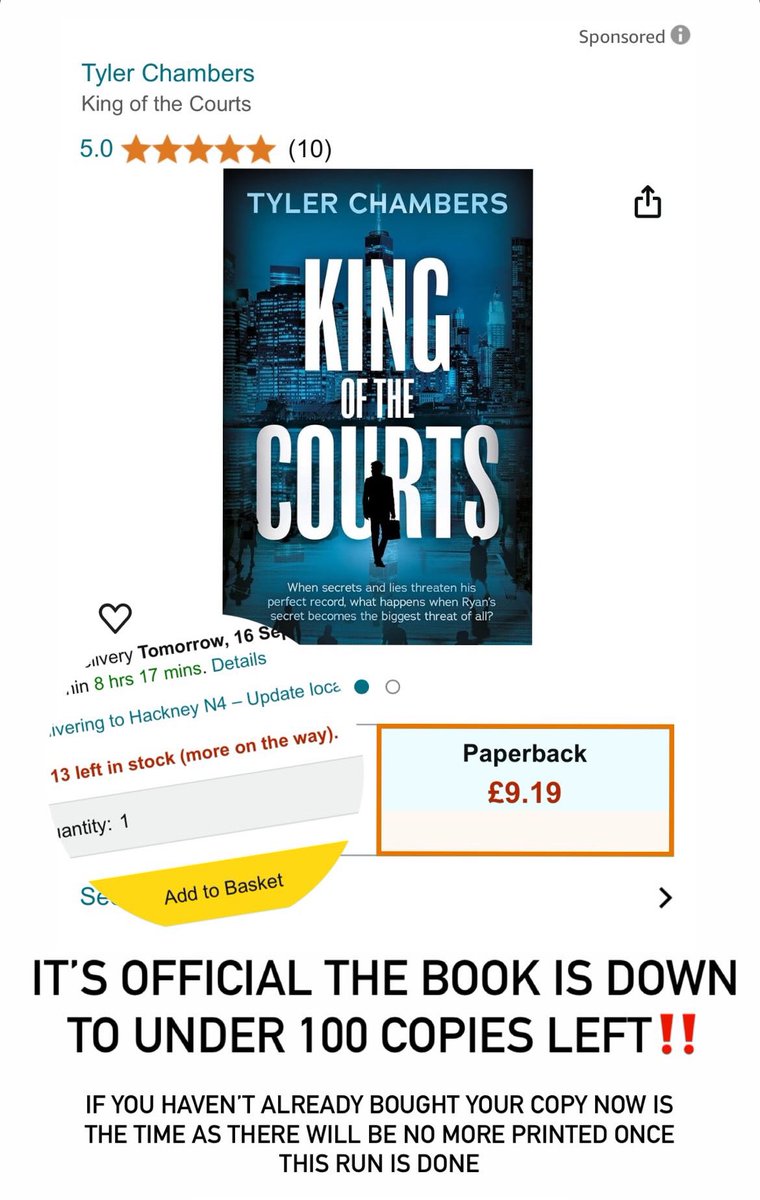 On Friday I received confirmation that King of The Courts has less than 100 paperback copies left and there will be no more printed!!

If you haven’t already purchased now’s the chance otherwise you may miss out.  The best place to buy is from either Troubador or Amazon  📚🤞🏼