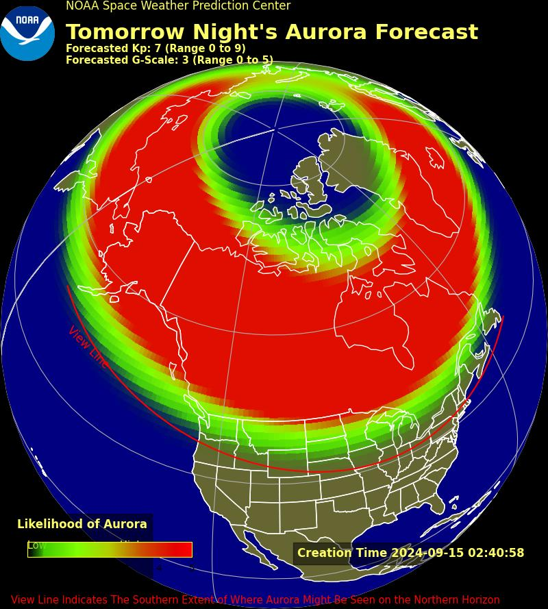 MarGomezH's tweet photo. El SWPC de la NOAA ha pronosticado una tormenta geomagnética G3 (con índice  Kp 7) después de la llegada de una eyección de masa coronal, lo que implica auroras polares en altitudes más bajas de lo habitual, como el norte de los Estados Unidos y algunas zonas del norte de Europa.

Las tormentas geomagnéticas ocurren cuando el viento solar, compuesto por partículas cargadas provenientes del Sol, interactúa con la magnetosfera terrestre. En el caso de una tormenta G3, es común que se haya producido una eyección de masa coronal (CME) en el Sol, una erupción de material solar que envía una gran cantidad de partículas cargadas hacia la Tierra.

Se espera mañana entre algún momento entre las 9 y 15h UTC.