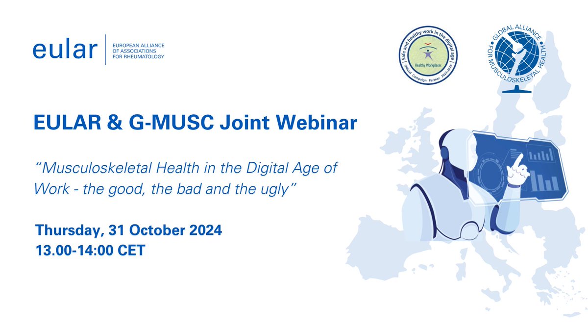 🚀Join us for an insightful webinar hosted by #EULAR and The Global Alliance for Musculoskeletal Health!

🗓️Thursday, 31 October 2024, 13:00 -14:00 CET

Register now to learn how to build a healthier and safer digital workplace! 👉pulse.ly/8f0rjefzjh

<a href="/MSKHealthGlobal/">G-MUSC</a>