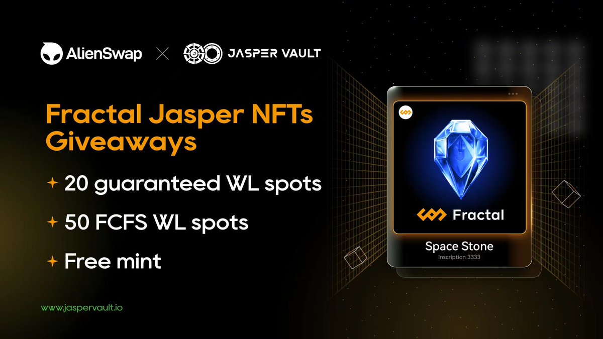 AlienSwap👽NFT Marketplace (@alienswap_nft) on Twitter photo We are so delighted to collaborate with <a href="/jaspervault/">JasperVault | Peer-to-Peer Interoperable Options</a> to bring you an exclusive Jasper Vault NFT WL Giveaway!
🎁 20 Guaranteed & 50 FCFS WL Spots
🛸 Price: Free Mint
⏰ 5 Days Only
Just follow <a href="/AlienSwap_NFT/">AlienSwap👽NFT Marketplace</a>, <a href="/jaspervault/">JasperVault | Peer-to-Peer Interoperable Options</a>, RT, like, and comment your BTC address to win! We are so delighted to collaborate with <a href="/jaspervault/">JasperVault | Peer-to-Peer Interoperable Options</a> to bring you an exclusive Jasper Vault NFT WL Giveaway!
🎁 20 Guaranteed & 50 FCFS WL Spots
🛸 Price: Free Mint
⏰ 5 Days Only
Just follow <a href="/AlienSwap_NFT/">AlienSwap👽NFT Marketplace</a>, <a href="/jaspervault/">JasperVault | Peer-to-Peer Interoperable Options</a>, RT, like, and comment your BTC address to win!