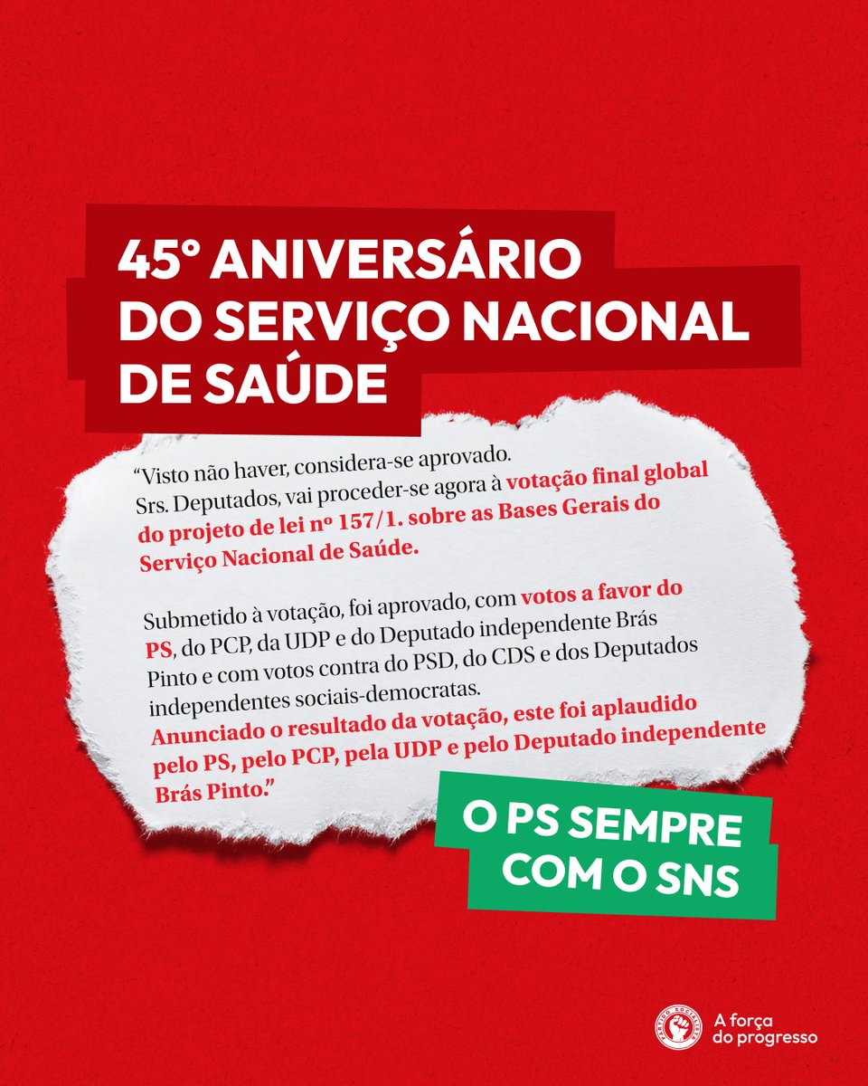 psocialista's tweet photo. Há 45 anos, neste dia, na Assembleia da República, fez-se história com a votação e aprovação da lei que deu origem à criação do Serviço Nacional de Saúde. O PS esteve sempre do lado do SNS, uma das maiores conquistas coletivas do País, um serviço que tem sido um verdadeiro pilar de justiça e igualdade. Celebramos este legado com orgulho, reconhecendo o impacto profundo que o SNS teve na vida de milhões de portugueses. Há mais de 51 anos que somos a Força do Progresso, sempre pelos Portugueses. 

#PartidoSocialista
#PSSempreComOSNS
#45anosSNS