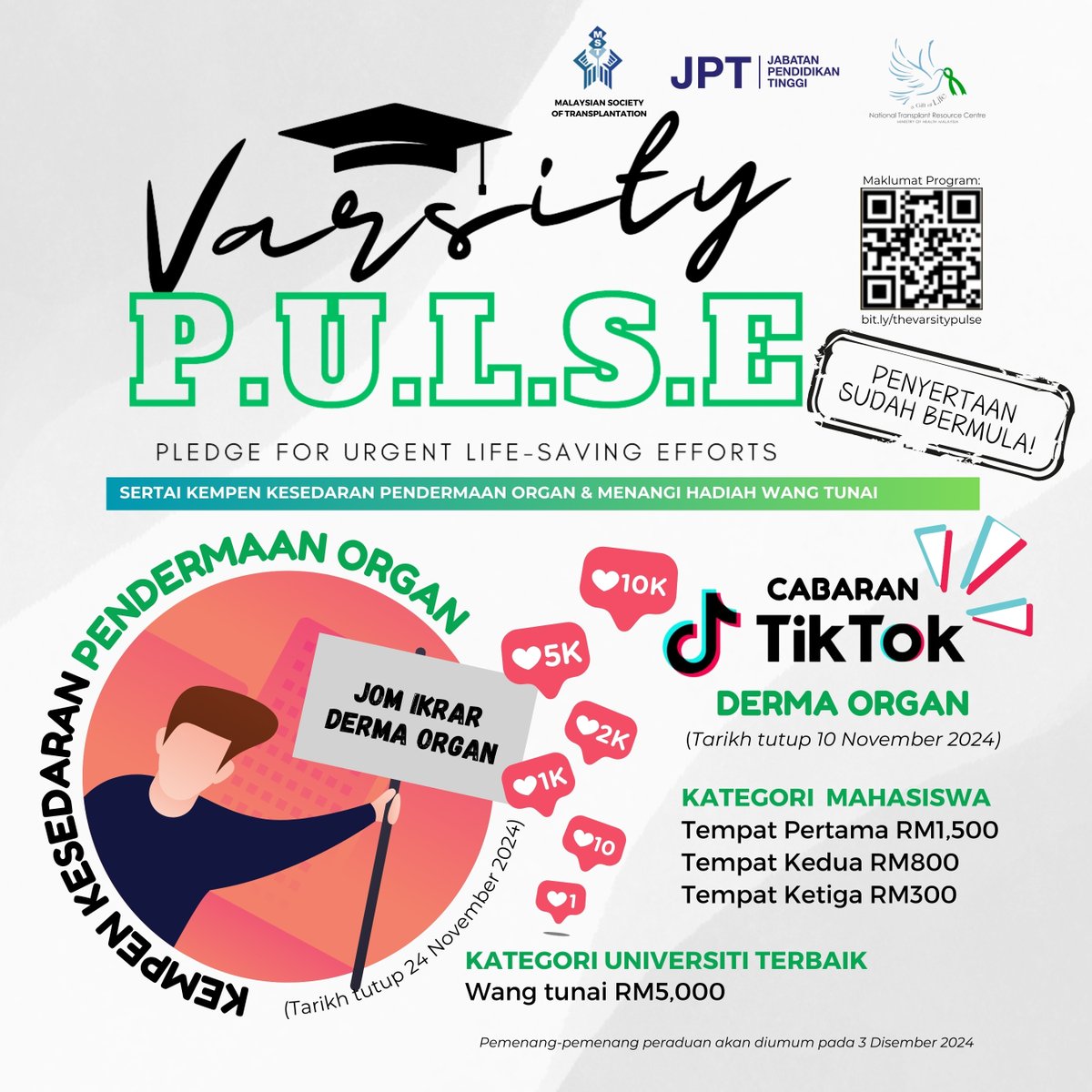 my_transplant's tweet image. Adik-adik mahasiswa IPT,

Sertai Varsity P.U.L.S.E. (Pledge for Urgent Life-Saving Efforts) &amp;amp; bantu kami tingkatkan kesedaran tentang pendermaan organ.

📷 Imbas QR di poster untuk maklumat lanjut. 
#VarsityPULSE #PledgeToSaveLives #OrganDonation #MahasiswaPrihatin